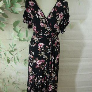 Black Pink Floral Ruffle Wrap Dress Chelsea & Violet Large Cottagecore Romantic